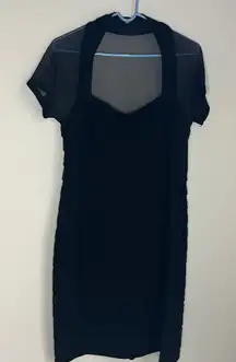 Maggy London Dress Womens 10 petite Black Sheer Mesh Short Sleeve Ruched Formal