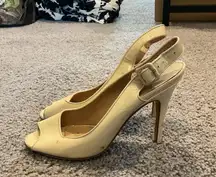 Nude Patent Leather Peep Toe Pumps Heels Dress Shoes sz 36.5