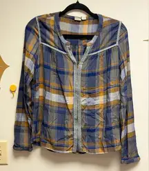 Roxy Plaid Boho Embroidered Long Sleeve Top XS