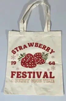 Beige Tan ‘Strawberry Festival’ Graphic Canvas Tote Bag Purse Pocketbook 🍓✨