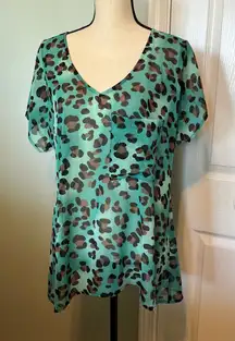 Show Me Your MuMu Womens Size Small Teal‎ Leopard Cheetah Short Sleeve Top Sheer