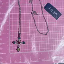 Joan vass New York silver tone cross necklace colorful diamonds paved 26” inches