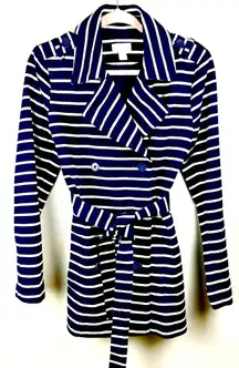 The Loft Double Breasted Navy Blue & White Sz Small Belted‎ Trench Coat