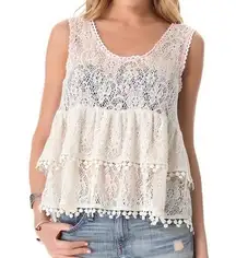 Free People  Daydream Cream Lace Layered Crochet Boho Swing Tank Top Size Medium