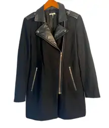 Buffalo David Bitton Black Trench Moto Jacket Wool Blend Faux Leather Trim XS