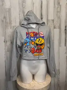 Pac-Man Cropped Hoodie | Gray Graphic Sweatshirt Gamer Retro Style – Size Medium