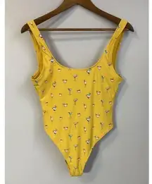 Forever 21 M One Piece Swimsuit Yellow Cocktail Print High Cut EUC No Size Tag