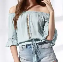 NEW NWT LA HEARTS PACSUN Aqua Blue Off the Shoulder Crochet Tassel Boho Blouse S