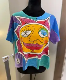 Vintage Allover Print Sun Hand Painted Cotton Shirt Hippie Festival 90s Colorful