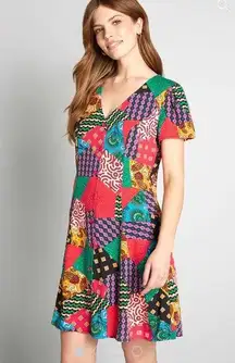 Dangerfield x ModCloth patchwork multi button front viscose dress, size 14 XL