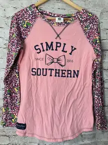 Simply Southern Pink Long Sleeve TShirt‎ Bow Floral Sleeves Women’s M