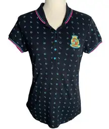 Hot Kiss  Short Sleeve Polo Shirt S Black Blue Embroidered Buttons Collared