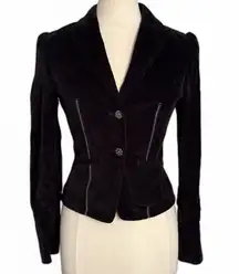 Stefanel Black Velvet Corduroy Fitted Blazer Jacket Size 6 Rhinestone Button‎