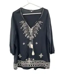CB Tunic Top/Swim Cover-Up Womens L Black With Beige Embroidery Long Sleeves & T