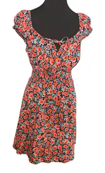 Cottagecore Floral‎ Smocked Mini Dress Milkmaid Top Puff Sleeve Tie Front Size M