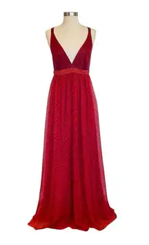 Laundry by Shelli Segal Silk Beaded Gown with Chevron Skirt and Crisscross Back