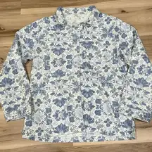 Garnet Hill White Blue Floral Button Up Thick Blouse Women’s Large