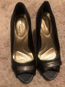 DSW Gold and Black Open Toe Heels