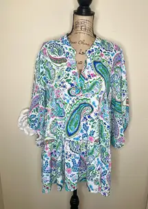 NTM Umgee + Paisley Babydoll Tunic Top 3/4 Sleeve V-Neck High Low Hem Flowy Boho