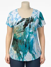 Parsley‎ & Sage Top Womens M White Blue Abstract Art Print Short Sleeve Stretch