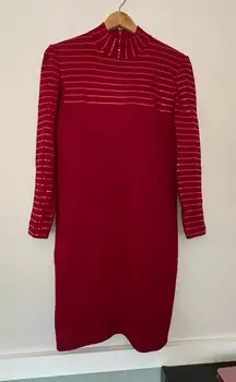 St. John Evening Dress sequin embellished mock neck Santana knit Size 6 red wool
