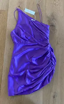 The Sei Asymmetrical Plunge Silk Mini Dress in Purple