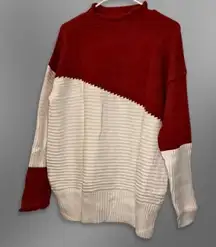 Ribbed Knit Sweater Crew Neck Durable Fabric Blend Color Block Burgundy/White L