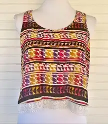 Colorful tribal, lace trimmed tank top