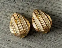 Christian Dior Vintage Statement Oval Rhinestone Gold Stud Earrings Clip Ons