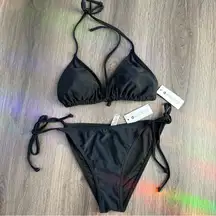 Women's Two Piece Bikini Sets Elastic Fabric Halter Tie Bathing Suit-Black M