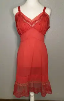 Vintage 50s 60s Red Sz 36 Nightgown Tulle Lace Trim Peignoir Slip Dress Snowdon