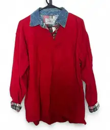 vintage 90s 1990s retro aesthetic Red denim collar button up shirt with plaid