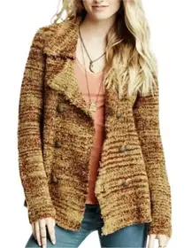 Free People Brown Double Breasted Cardigan Sweater Coat Sz M Boho Grunge Western