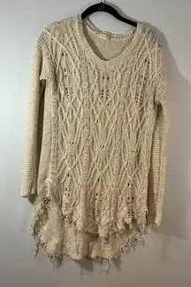 Altar'd Altered State Beige Cable Knit Tunic Sweater‎ Raw Hem Women S Boho Chic