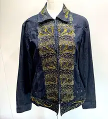 Chico’s Dark Selvedge Denim Jacket with Gold Metallic Embroidery Sequins & Beads