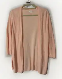 J Jill Pinkish Peach Open Front 3/4 Frayed Trim Sleeve Knit Linen Blend Tunic M