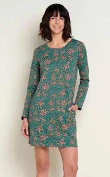 Toad&Co Windmere II Long Sleeve Dress in Jasper Seedpod Print Teal Floral Small