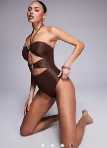 South Beach shiny crinkle cut out halter swimsuit in chocolate