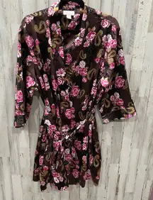 Cabernet Satin Robe Kimono Women's Brown Floral Pasiley Animal Belted Pockets XL
