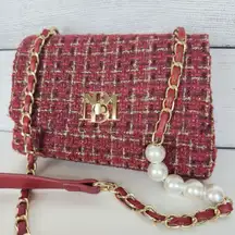 Badgley‎ Mischka Woven Tweed Messenger Bag Gold Red Coquette Pearls Chain