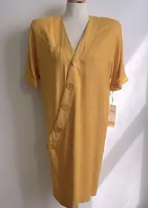 NWT  Vintage 80s STUNNING Yellow Raw Silk Button Down Dress Dolman 6