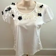 Miusol white beaded floral rhinestone bohemian puff sleeves blouse, size M