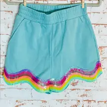 QUEEN OF SPARKLES Blue Shorts with Rainbow Sequin Trim