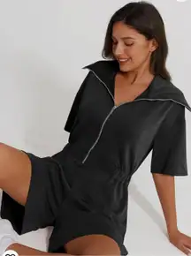 Short Sleeve Rompers Loose Half Zip One Piece Short Overalls Jumpsuit with Pockets Fall Outfits