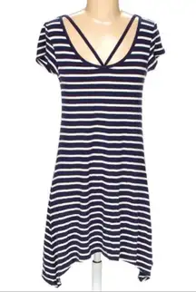 Strappy Striped Scoop Neck Short Sleeve Edgy Asymmetric Navy T-Shirt Mini Dress