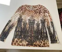 Vocal Chandelier Print Animal Leopard Long Sleeve Top Bling Rhinestone USA Women