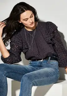 NWT Happy x‎ Nature Kate Hudson Solara Eyelet Ruffle Blouse L Grey