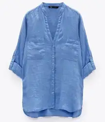 Zara 100%‎ Linen Button-Up Shirt Blue Medium EUC