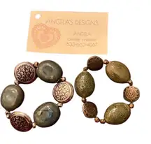 NWT Angelas Designs 2 handmade stretchy beaded bracelets bronze silver & green