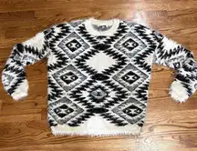 Staring at Stars Black and White Aztec Print Fuzzy Soft Pullover Sweater Women S